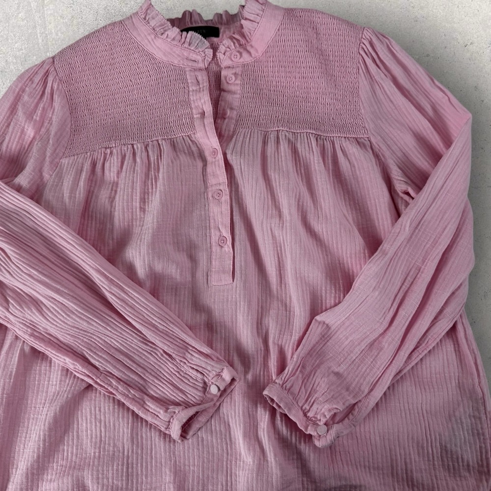 J. Crew Blouse 1/2 Button Popover Pink Ruffle Smocked Crinkle Gauze Size Medium - Picture 5 of 14